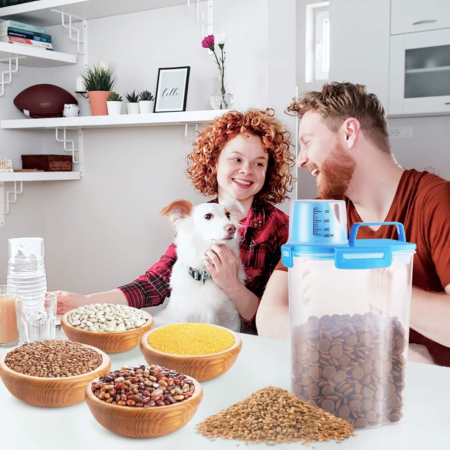 Pet Food Storage Container, Airtight Small Dog Food Container Cat Food Container with Measuring Cup, Upgraded Large Pour Spout and 4 Seal Buckles Food Dispenser for Pets Food and Birds Seed