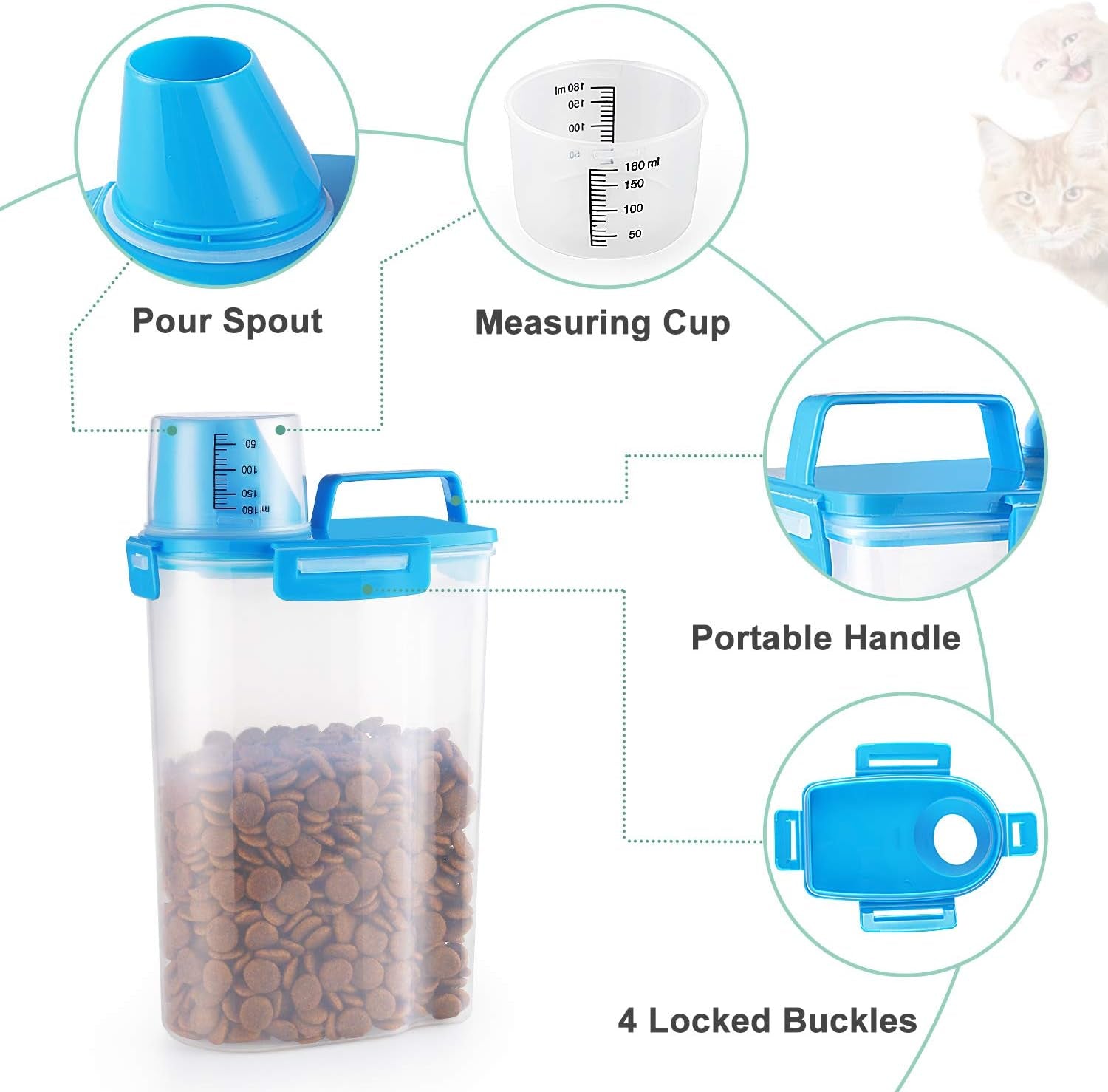 Pet Food Storage Container, Airtight Small Dog Food Container Cat Food Container with Measuring Cup, Upgraded Large Pour Spout and 4 Seal Buckles Food Dispenser for Pets Food and Birds Seed