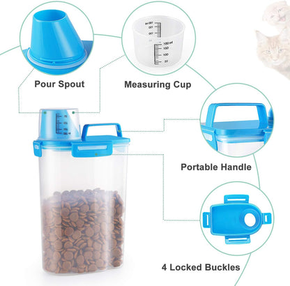 Pet Food Storage Container, Airtight Small Dog Food Container Cat Food Container with Measuring Cup, Upgraded Large Pour Spout and 4 Seal Buckles Food Dispenser for Pets Food and Birds Seed