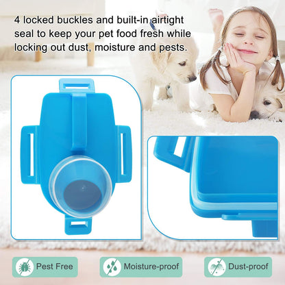 Pet Food Storage Container, Airtight Small Dog Food Container Cat Food Container with Measuring Cup, Upgraded Large Pour Spout and 4 Seal Buckles Food Dispenser for Pets Food and Birds Seed